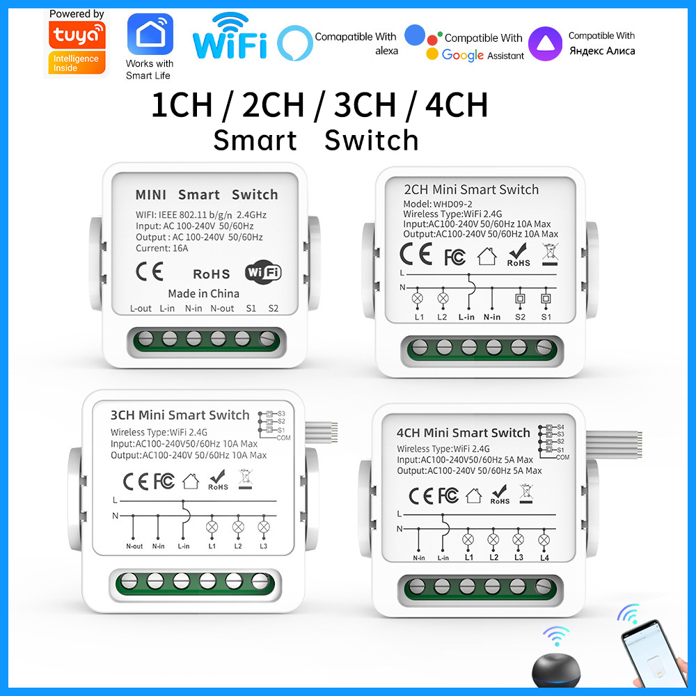 Smart Home Voice Assistant - Inteligentny przełącznik WiFi Tuya 1/2/3/4-kanałowy, 4-drożny